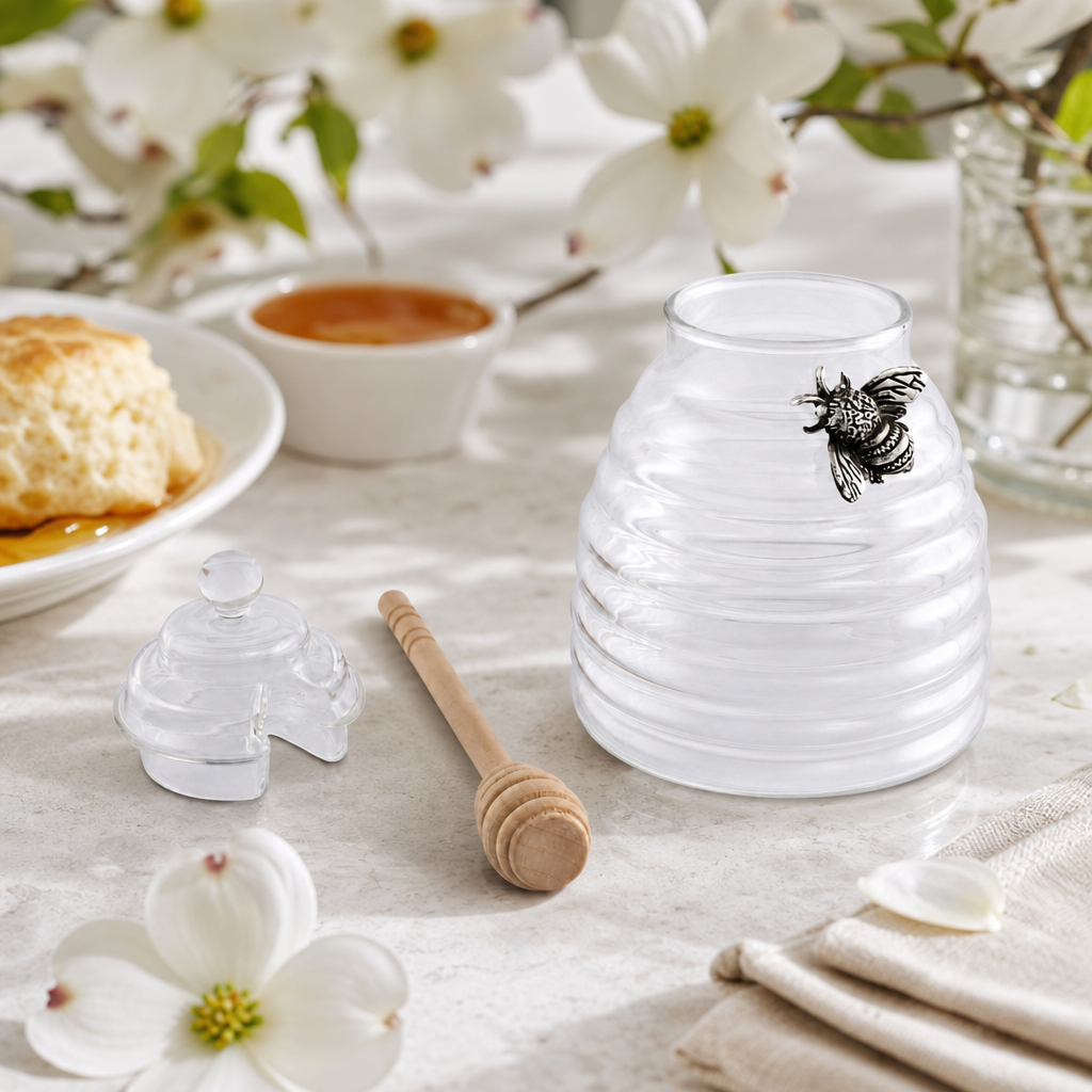 Silver Bee Honey Jar / Pot with Dipper 8