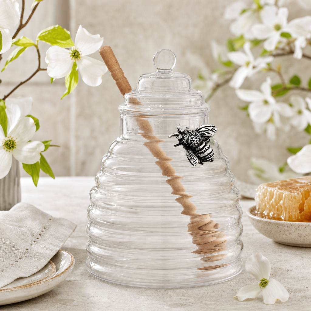 Silver Bee Honey Jar / Pot with Dipper 9