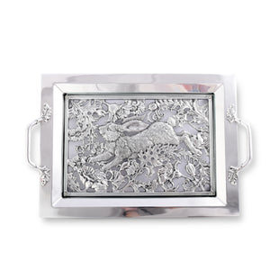 From an overhead perspective, this elegant decorative tray features intricate rabbit and floral engravings, perfect as a luxury home accessory.