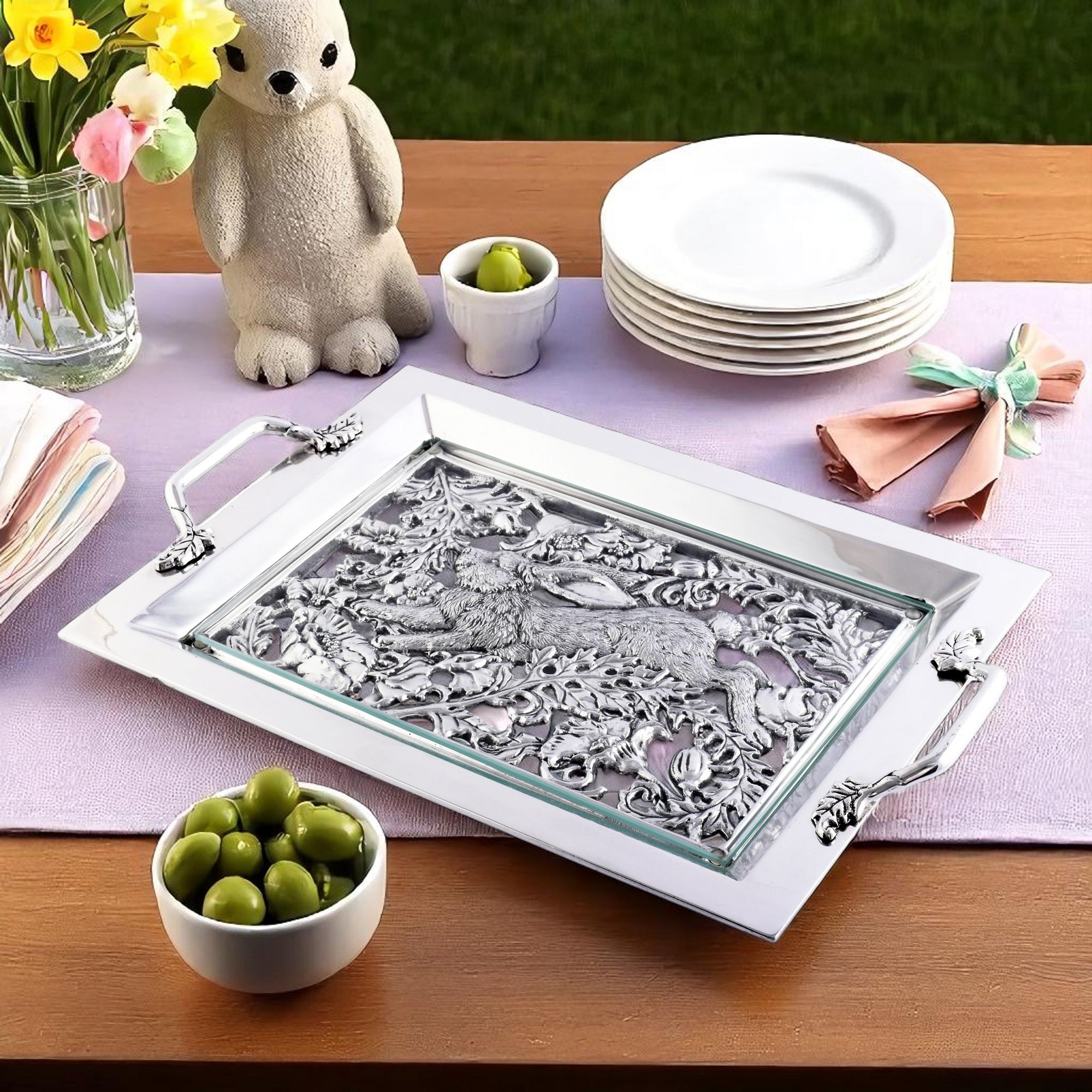 From an overhead perspective, this elegant decorative tray features intricate rabbit and floral engravings, perfect as a luxury home accessory.