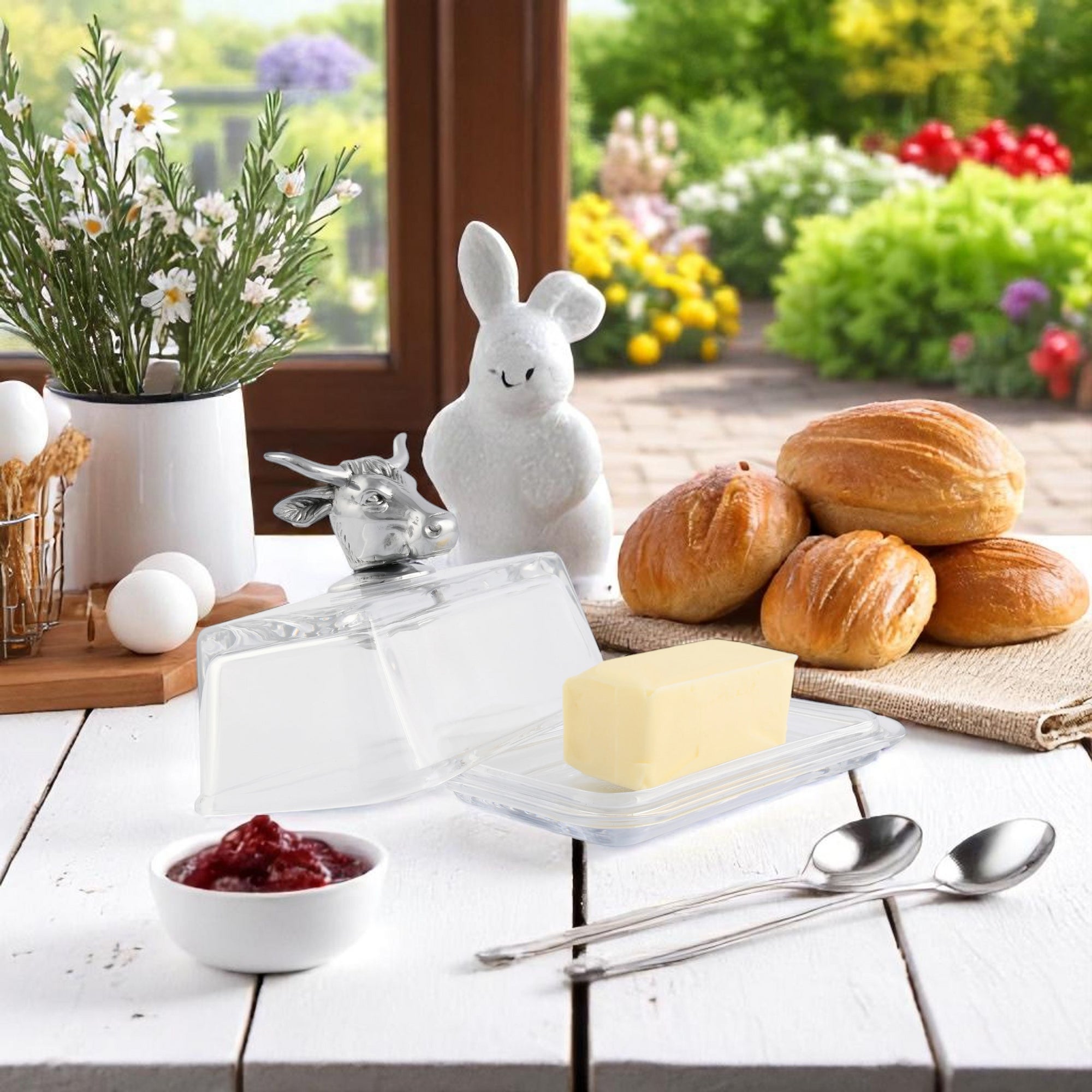 A butter dish with a cow-shaped handle viewed at an angle, showcasing artisanal craftsmanship and modern classic design.