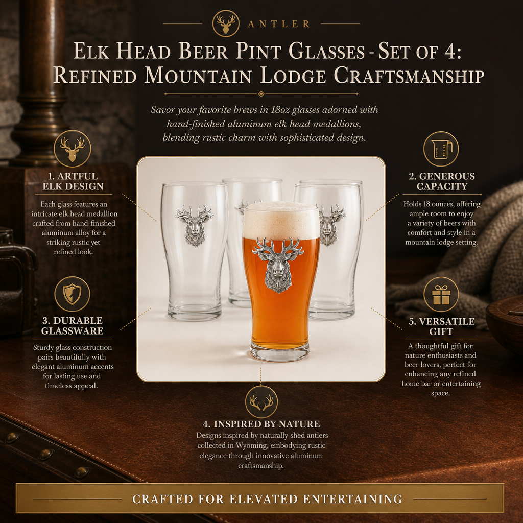 Elk Head Beer Pint Glasses - Set of 4: Refined Mountain Lodge Craftsmanship