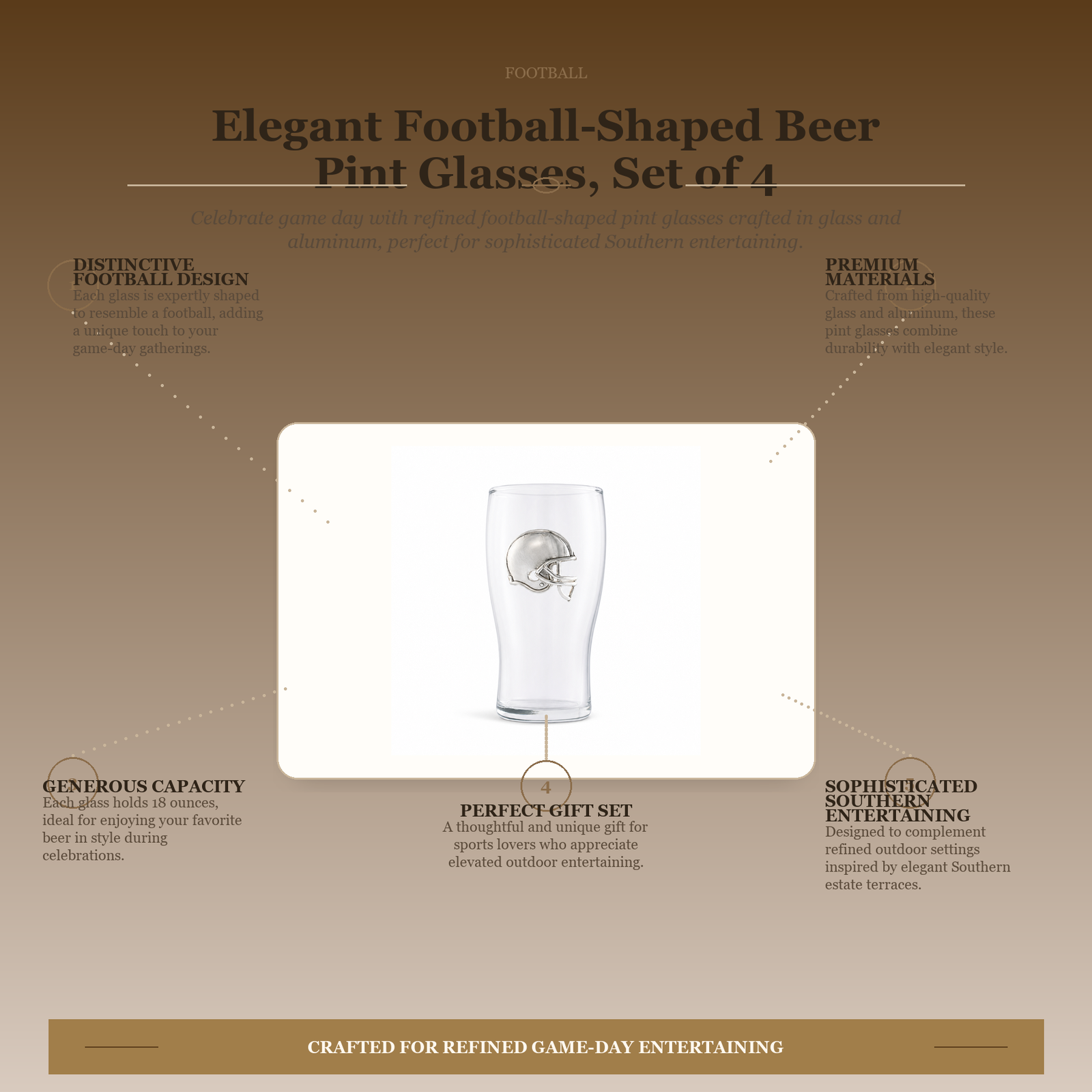 Elegant Football-Shaped Beer Pint Glasses, Set of 4