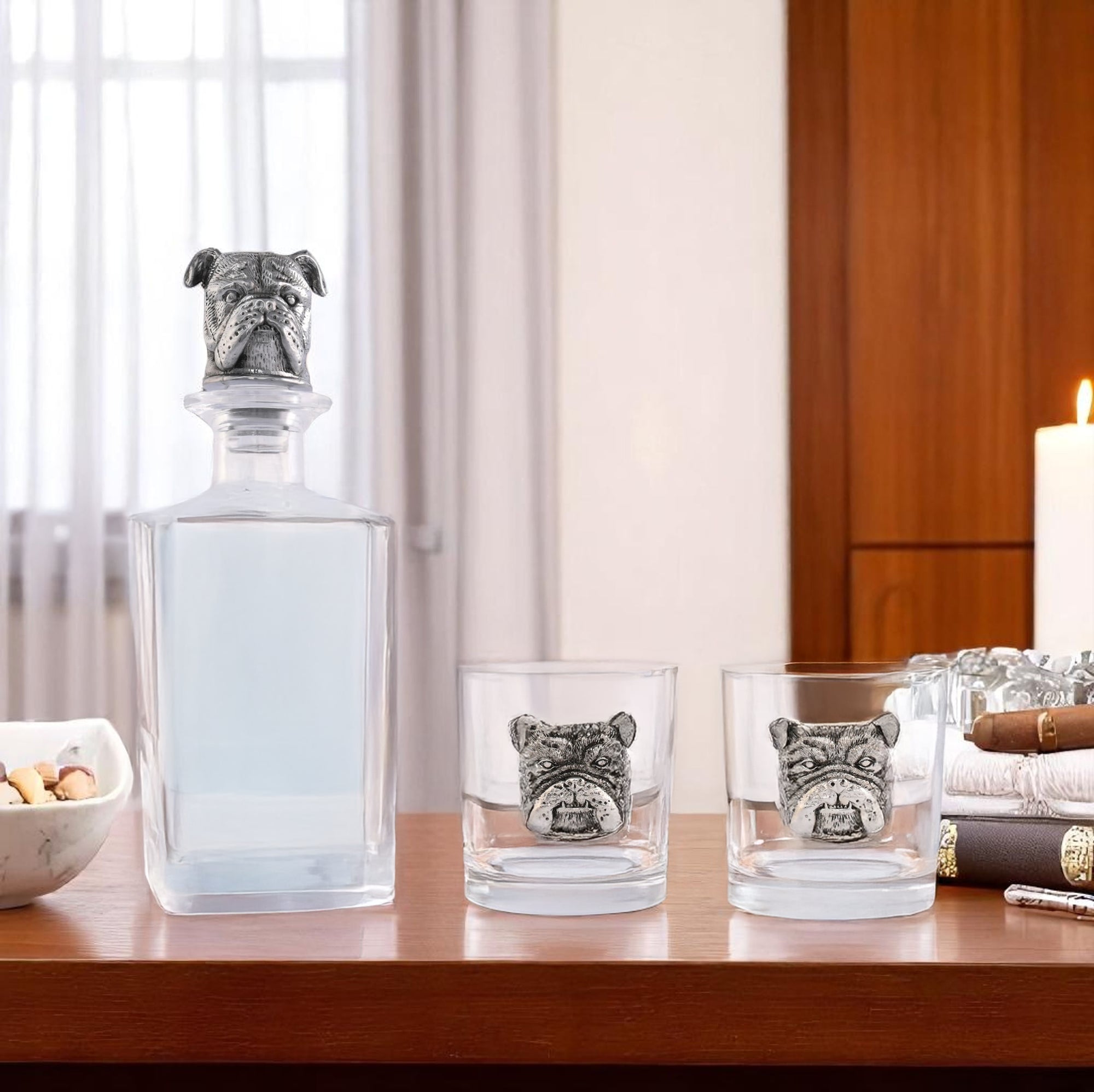 Bulldog-themed liquor decanter set viewed from the front, showcasing artisanal craftsmanship and perfect for barware collection.