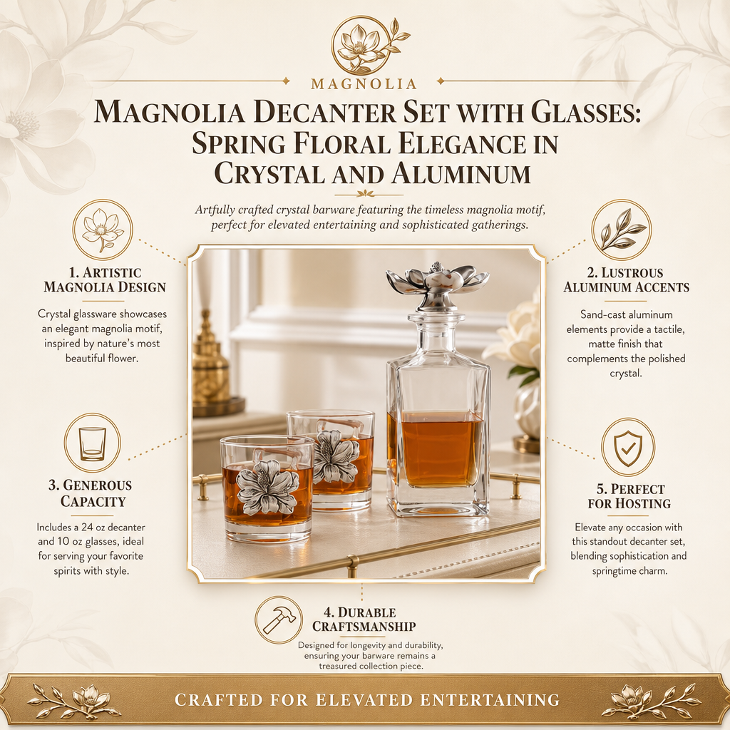 Magnolia Decanter Set with Glasses: Spring Floral Elegance in Crystal and Aluminum