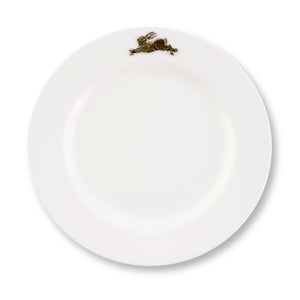 A dinner plate with a decorative rabbit motif viewed from above, ideal for elegant table settings.