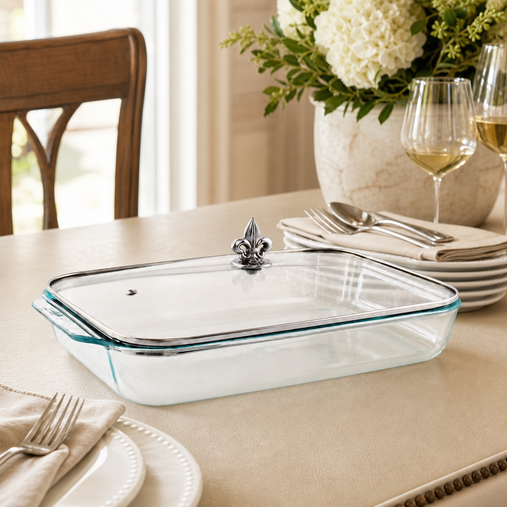 Fleur-de-Lis Lid with Pyrex 3 quart Baking Dish 1