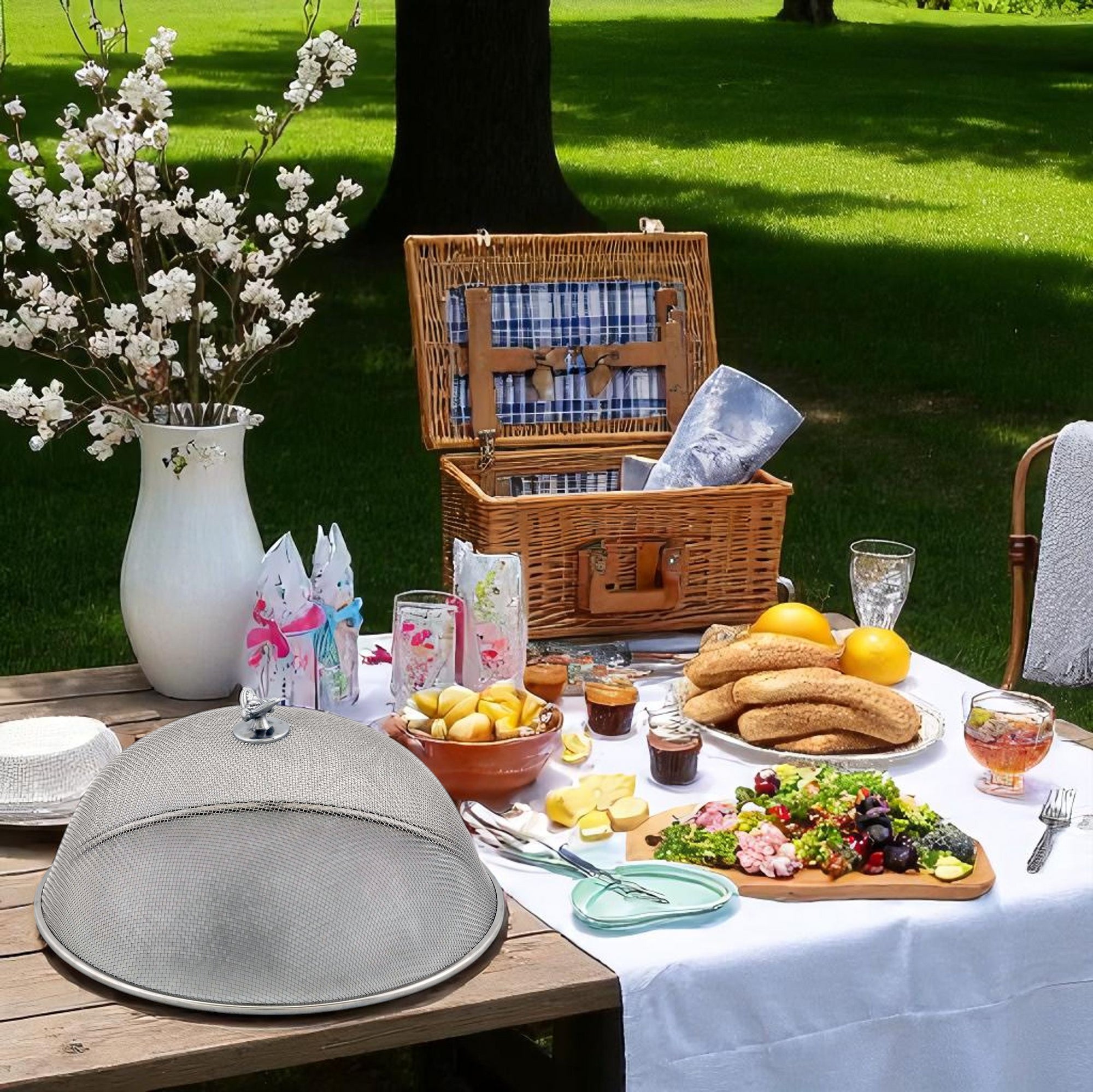 Mesh picnic cover in a side angle view, showcasing its protective design for outdoor or kitchen use.