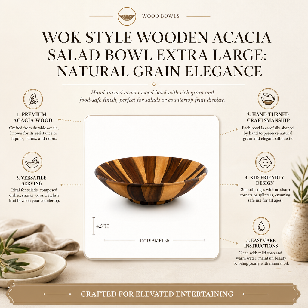 Wok Style Wooden Acacia Salad Bowl Extra Large: Natural Grain Elegance