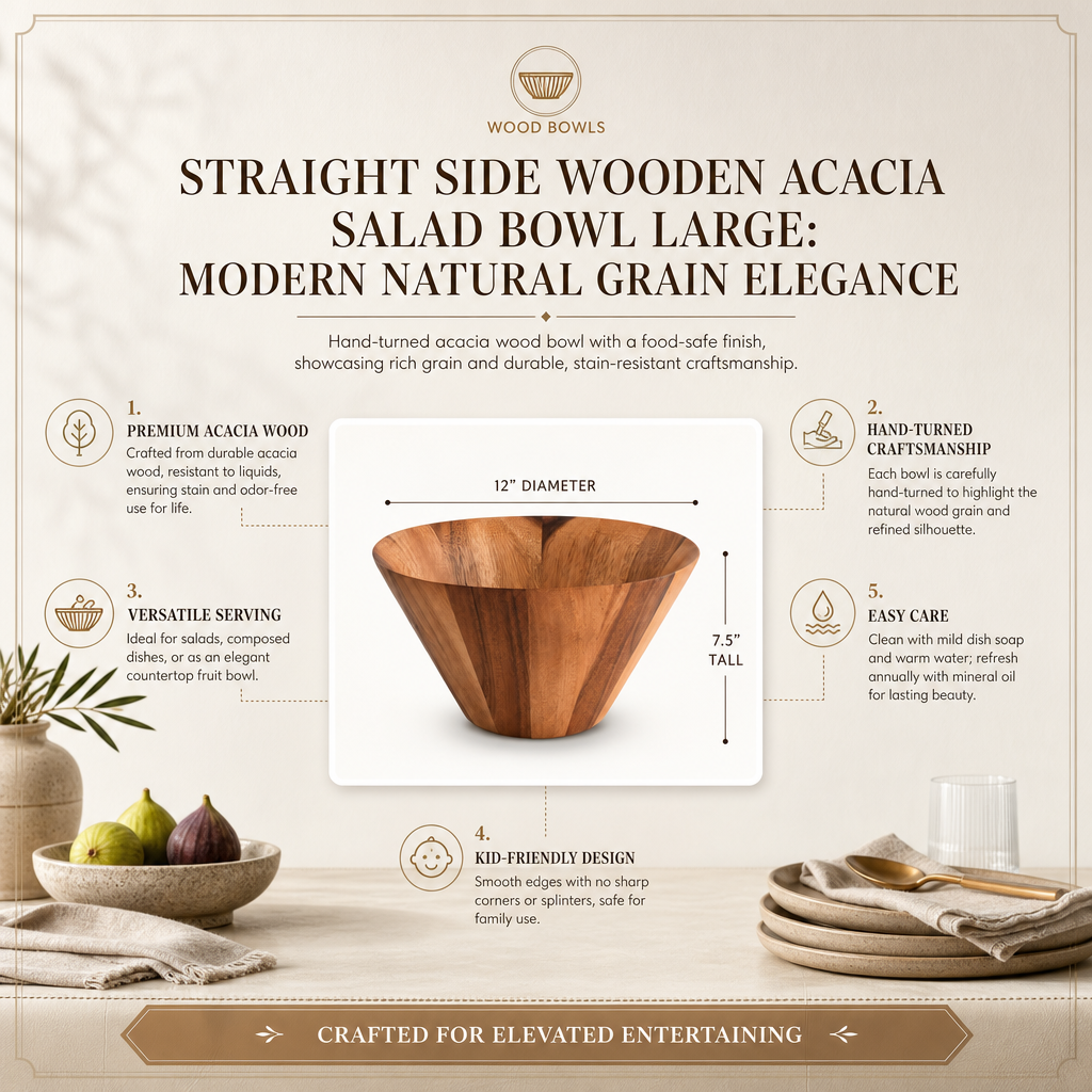 Straight Side Wooden Acacia Salad Bowl Large: Modern Natural Grain Elegance
