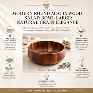 Modern Round Acacia Wood Salad  Bowl Large 9