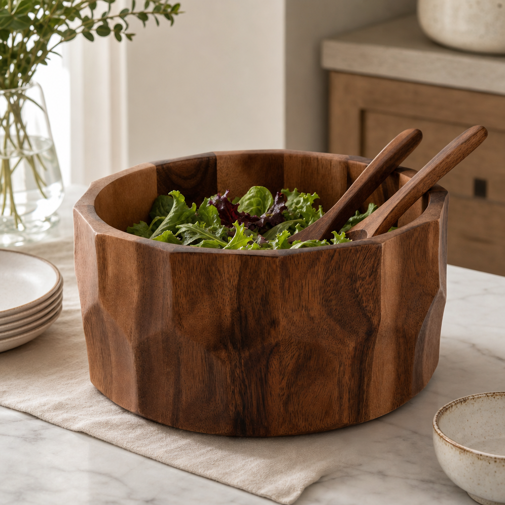 Diamond Pattern Large Acacia  Wood Salad Bowl 3