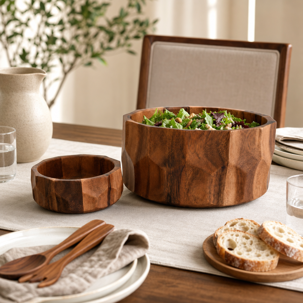 Diamond Pattern Large Acacia  Wood Salad Bowl 7
