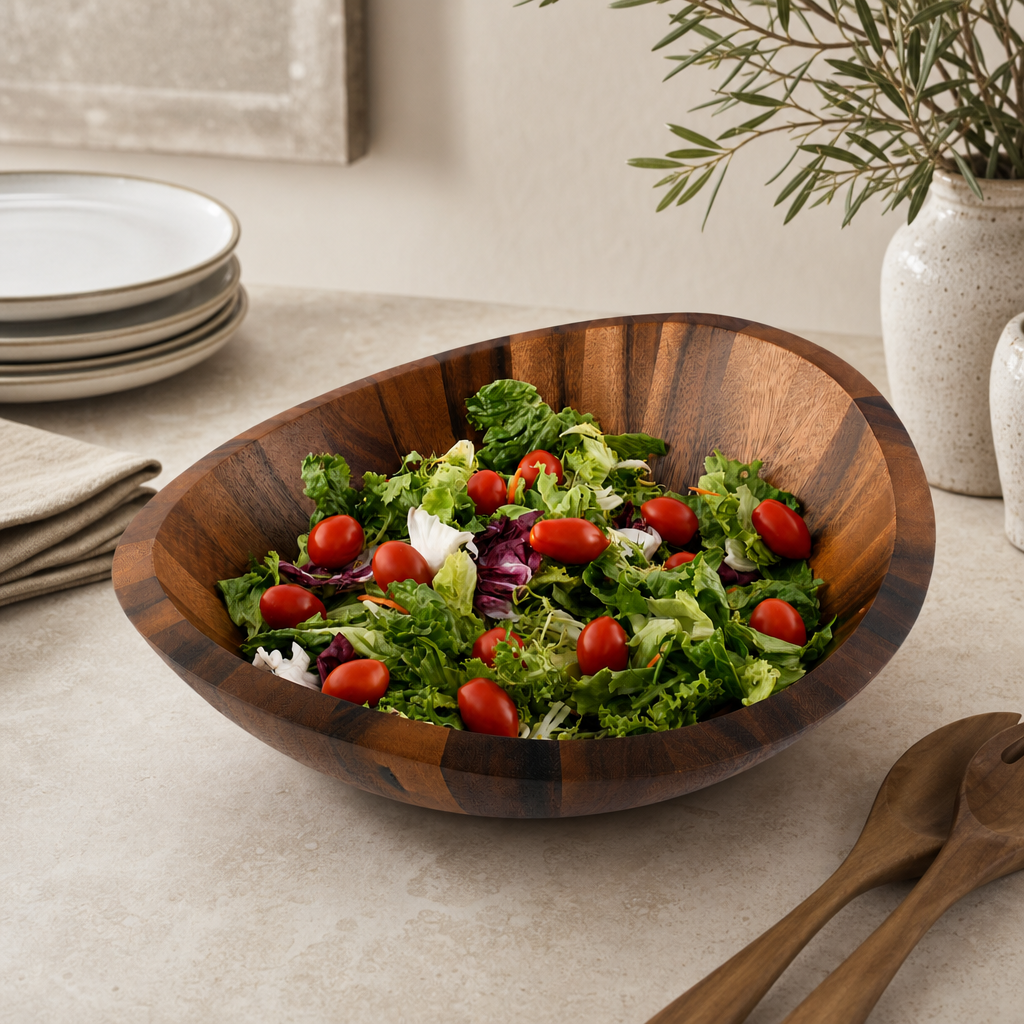 Munich Pattern Large Acacia  Wood Salad Bowl 2