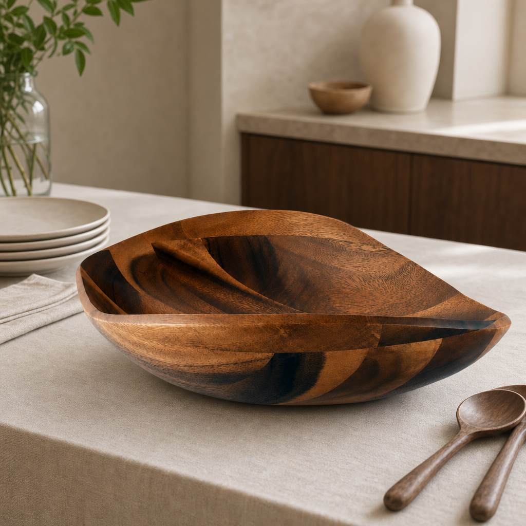 Wave Pattern Large Acacia  Wood Salad Bowl 1