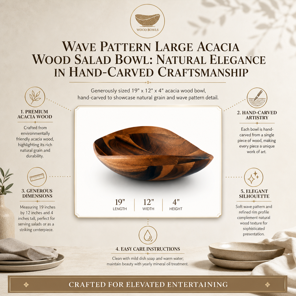 Wave Pattern Large Acacia  Wood Salad Bowl 9