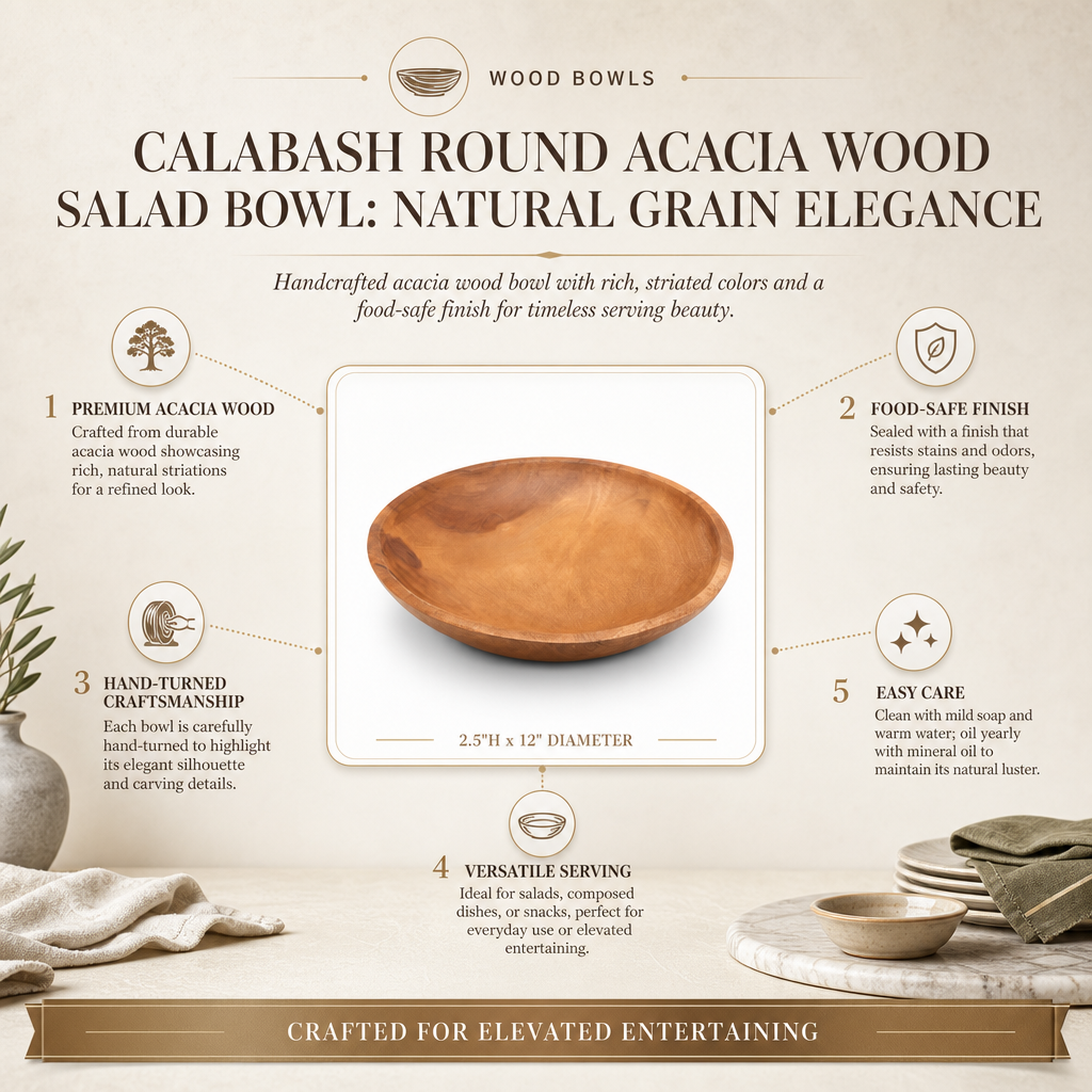 Calabash Round Acacia Wood Salad Bowl: Natural Grain Elegance
