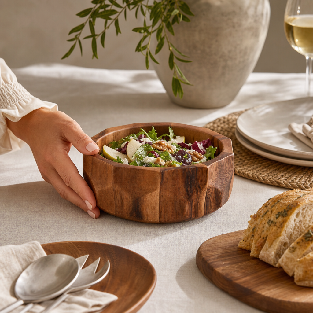 Diamond Pattern Single Acacia  Wood Salad Bowl 4