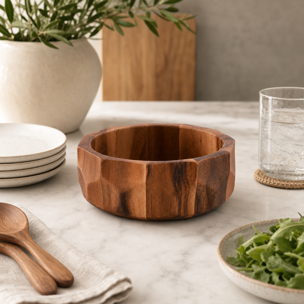 Diamond Pattern Single Acacia  Wood Salad Bowl 1