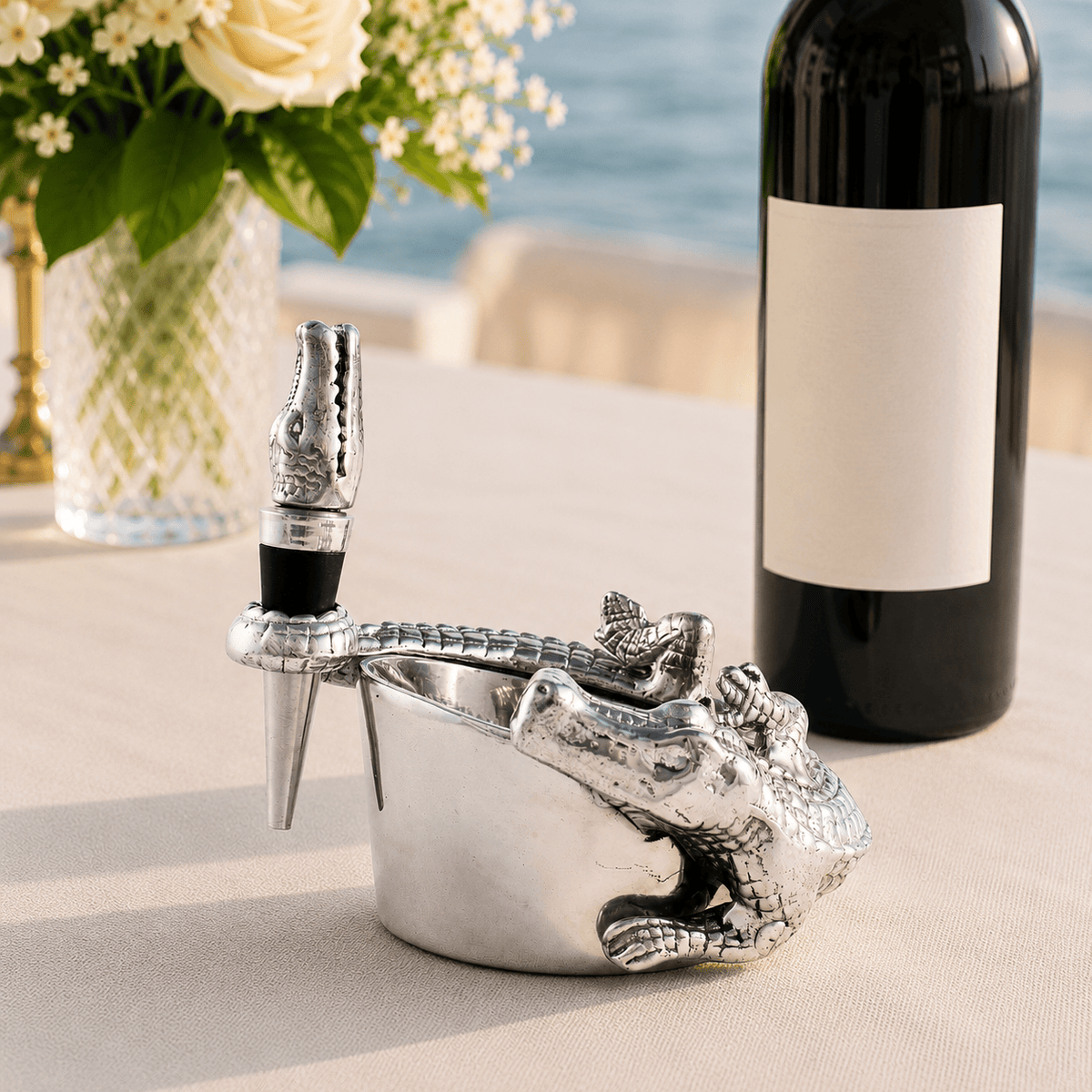 Arthur Court Alligator Alligator Wine Coaster and Stopper Set