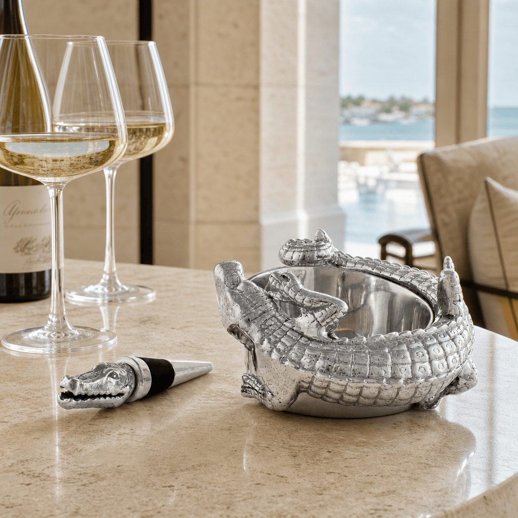 Arthur Court Alligator Alligator Wine Coaster and Stopper Set