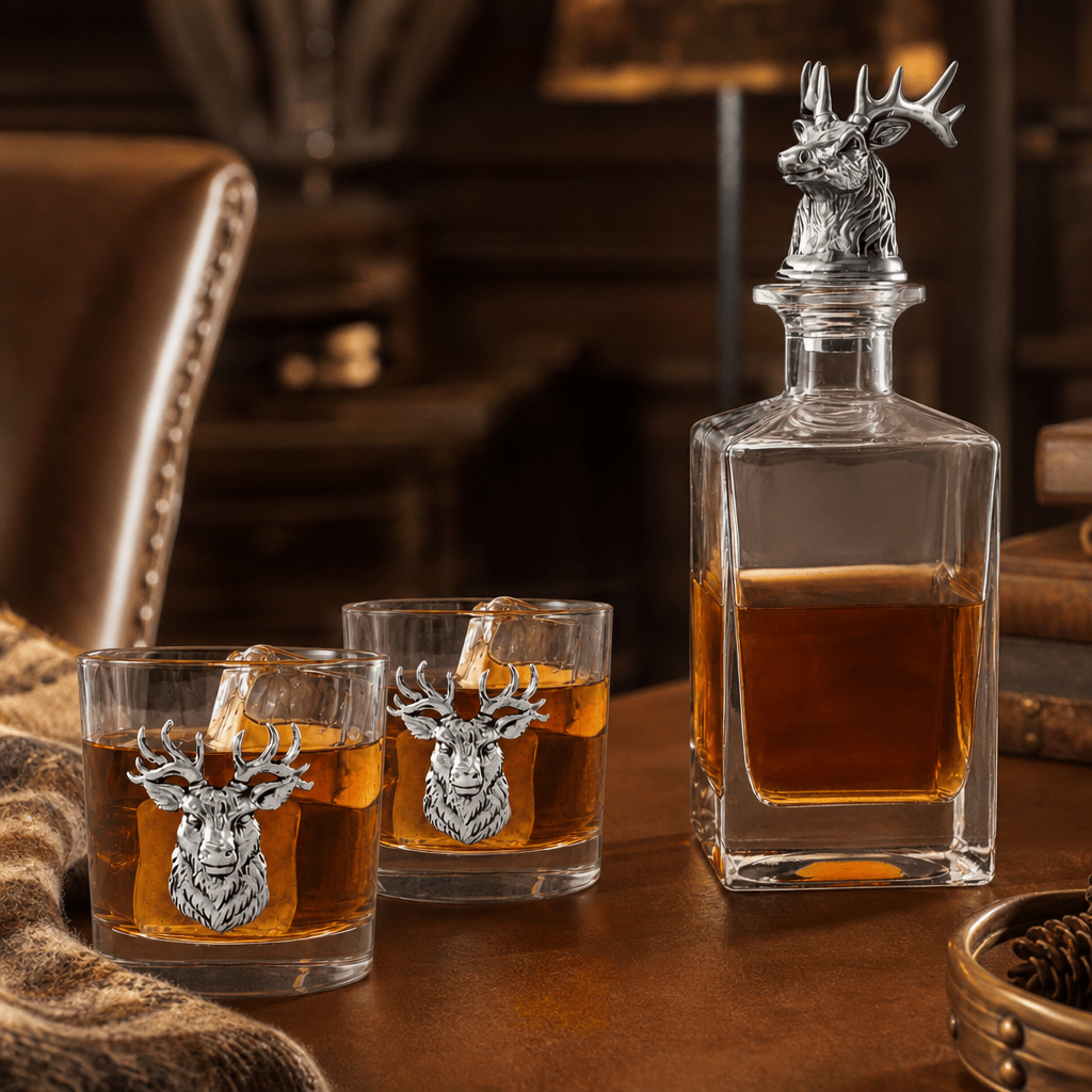 Arthur Court Antler Elk / Deer Bust Decanter Set with Glasses