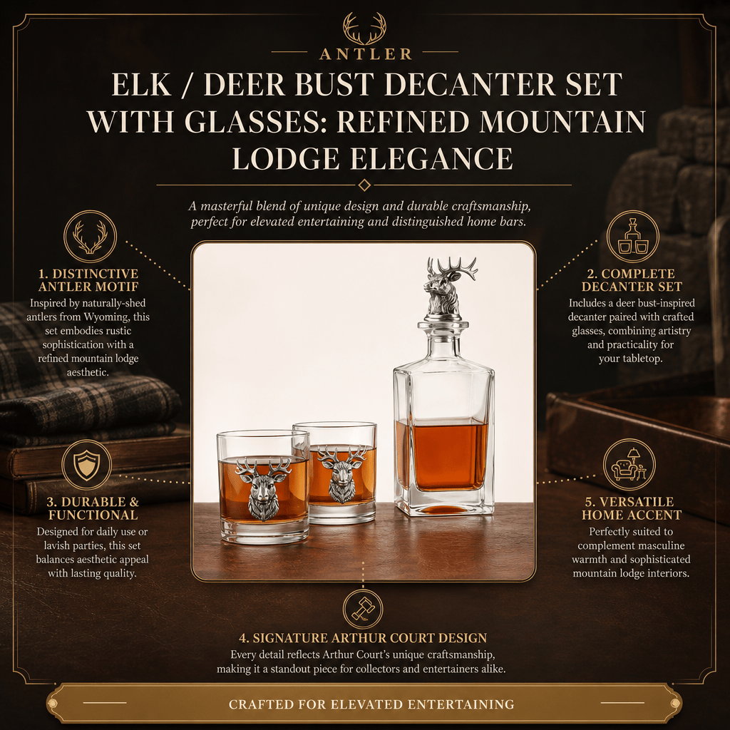 Arthur Court Antler Elk / Deer Bust Decanter Set with Glasses