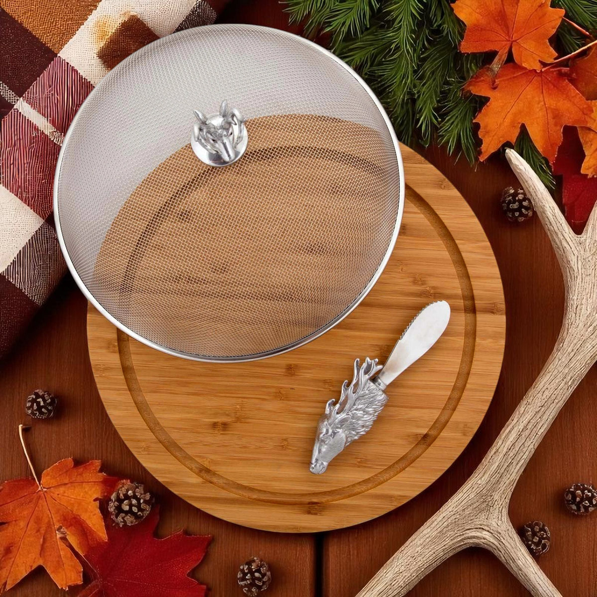 Arthur Court Antler Elk Head 3 Piece Picnic Cheese Board / Spreader
