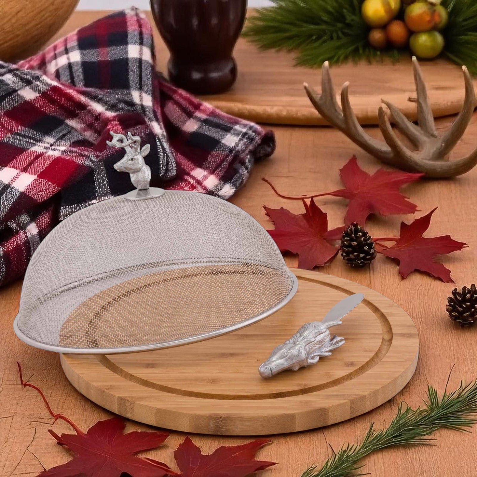 Arthur Court Antler Elk Head 3 Piece Picnic Cheese Board / Spreader