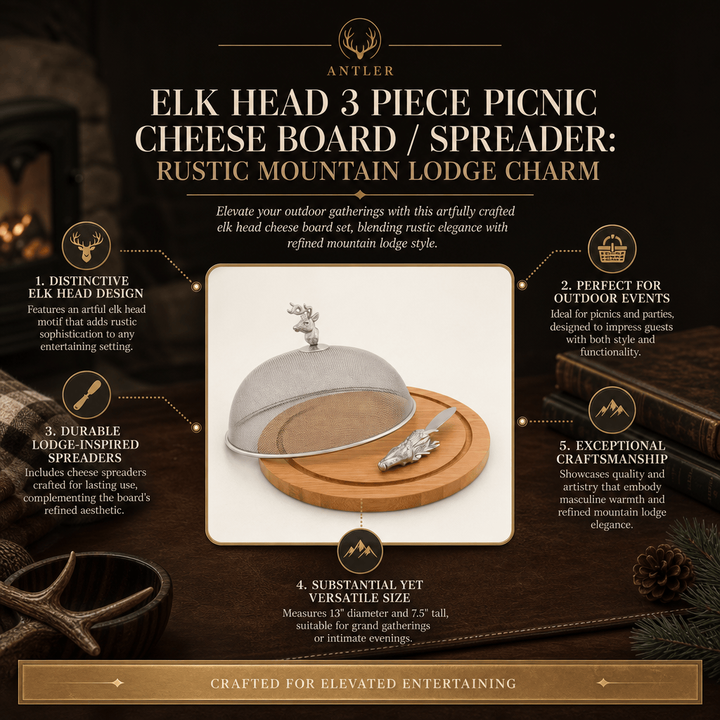 Arthur Court Antler Elk Head 3 Piece Picnic Cheese Board / Spreader