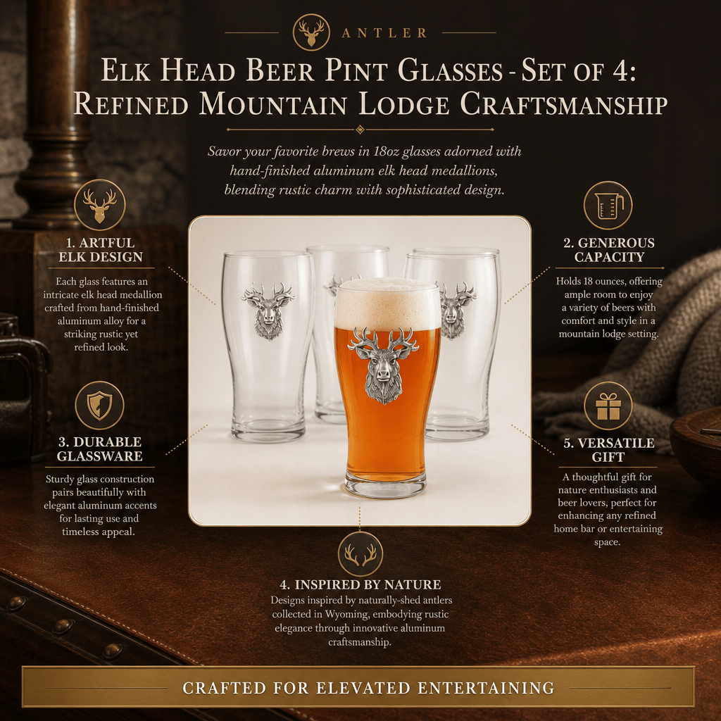 Arthur Court Antler Elk Head Beer Pint Glasses - Set of 4