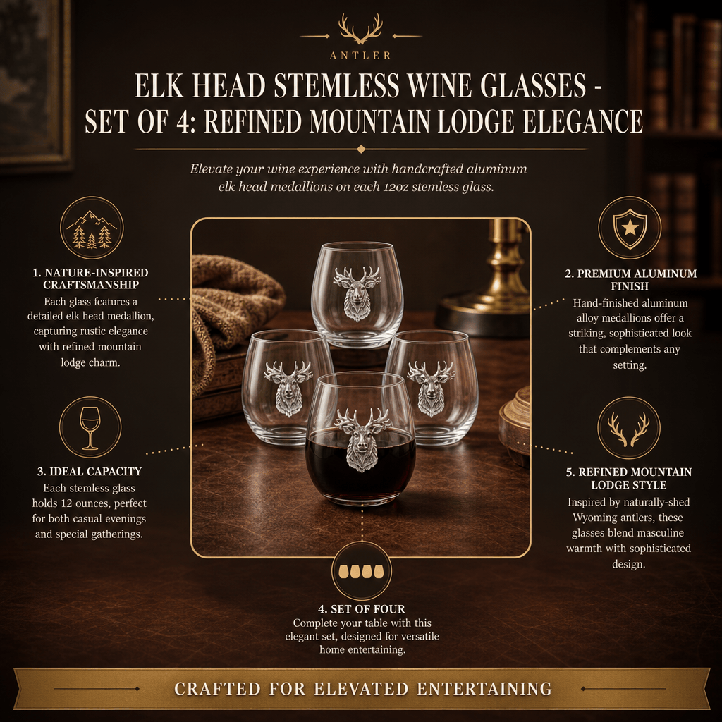 Arthur Court Antler Elk Head Stemless Wine Glasses - Set of 4