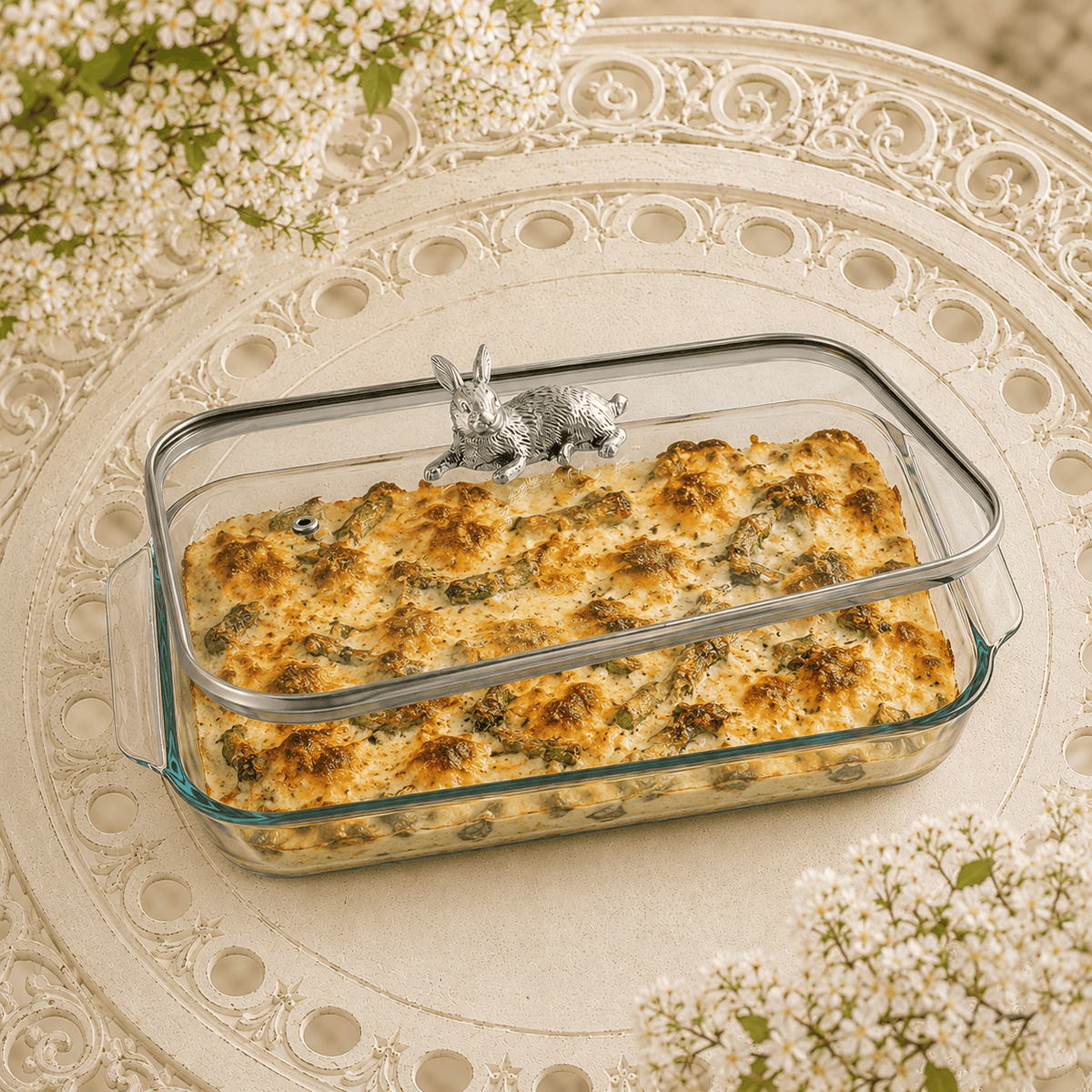 Arthur Court Bunny Bunny Lid with Pyrex 3 quart Baking Dish
