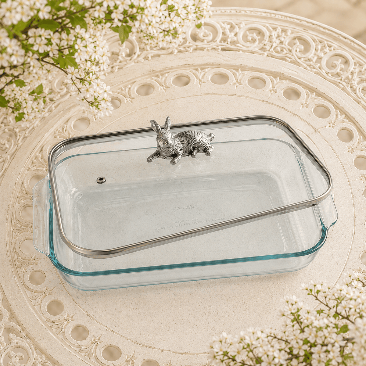 Arthur Court Bunny Bunny Lid with Pyrex 3 quart Baking Dish