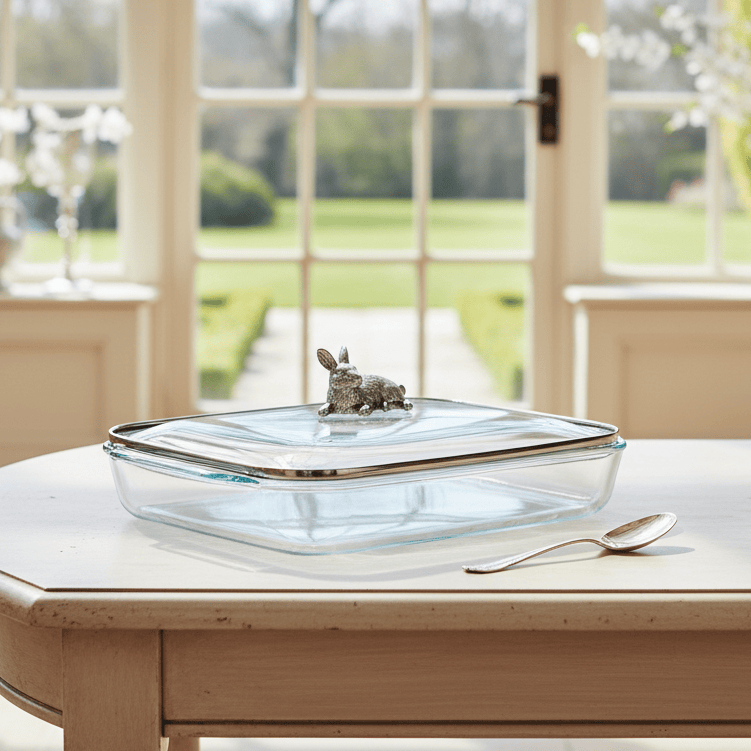 Arthur Court Bunny Bunny Lid with Pyrex 3 quart Baking Dish