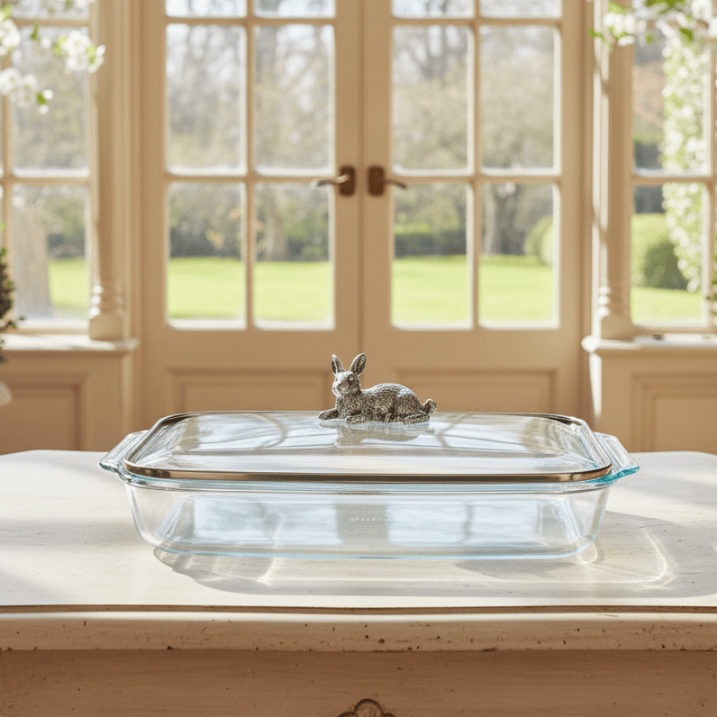 Arthur Court Bunny Bunny Lid with Pyrex 3 quart Baking Dish