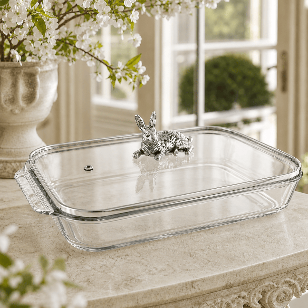 Arthur Court Bunny Bunny Lid with Pyrex 3 quart Baking Dish