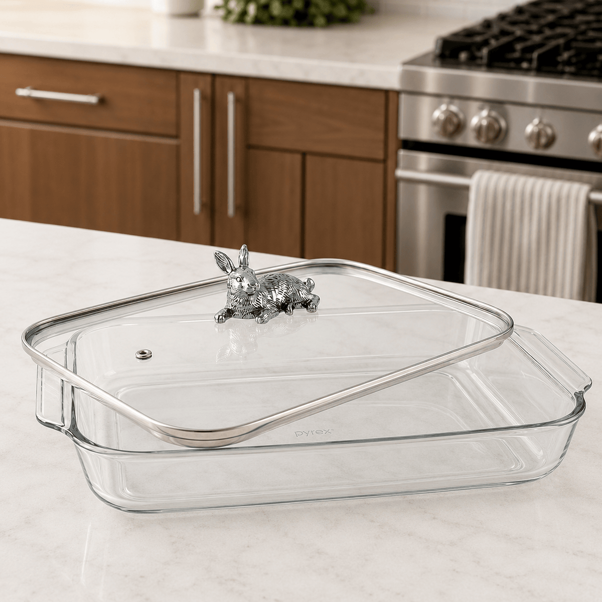 Arthur Court Bunny Bunny Lid with Pyrex 3 quart Baking Dish