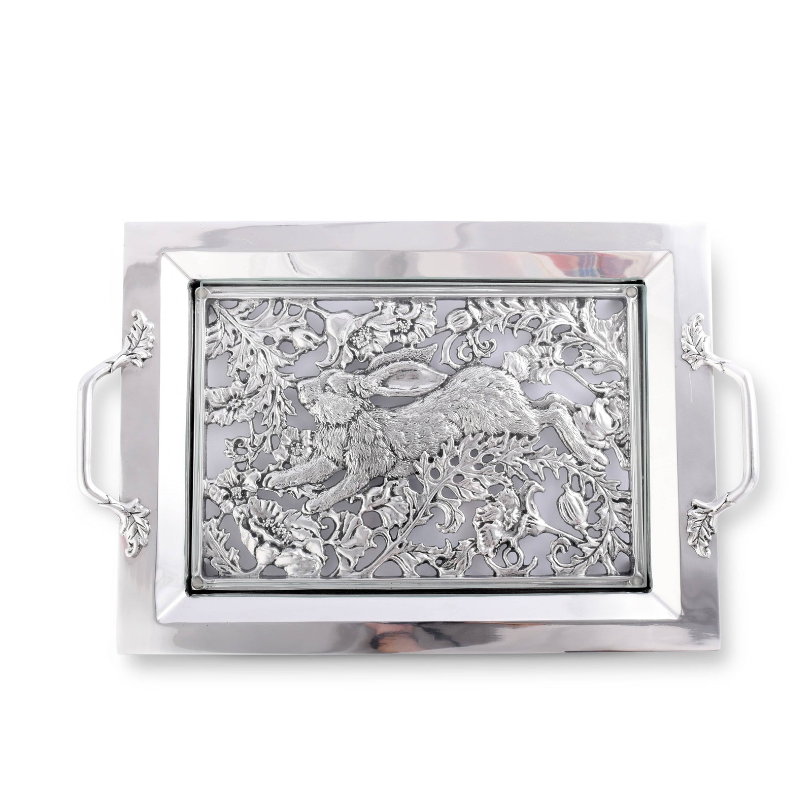 Arthur Court Bunny Running Rabbit Glass Top Serving Tray