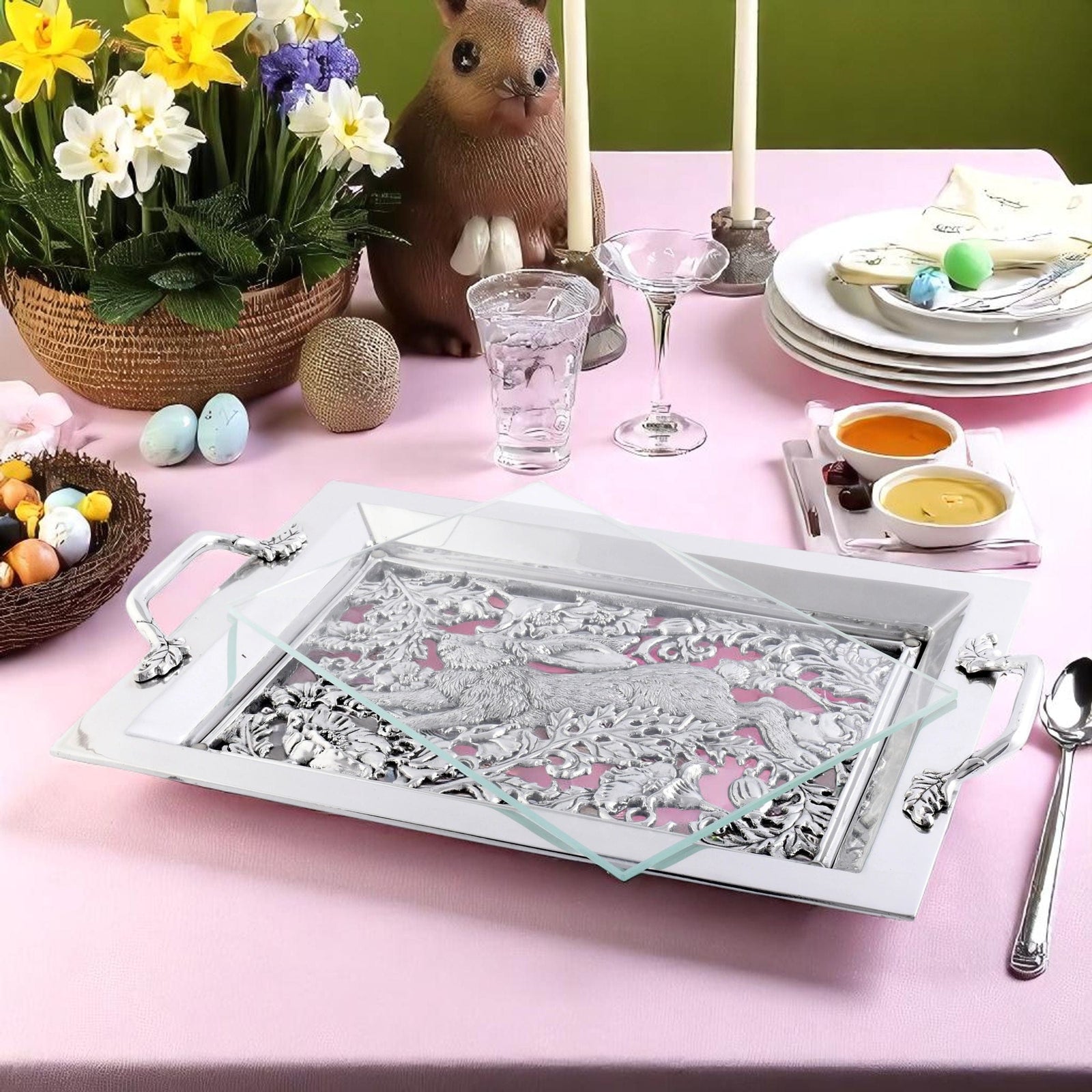 Arthur Court Bunny Running Rabbit Glass Top Serving Tray