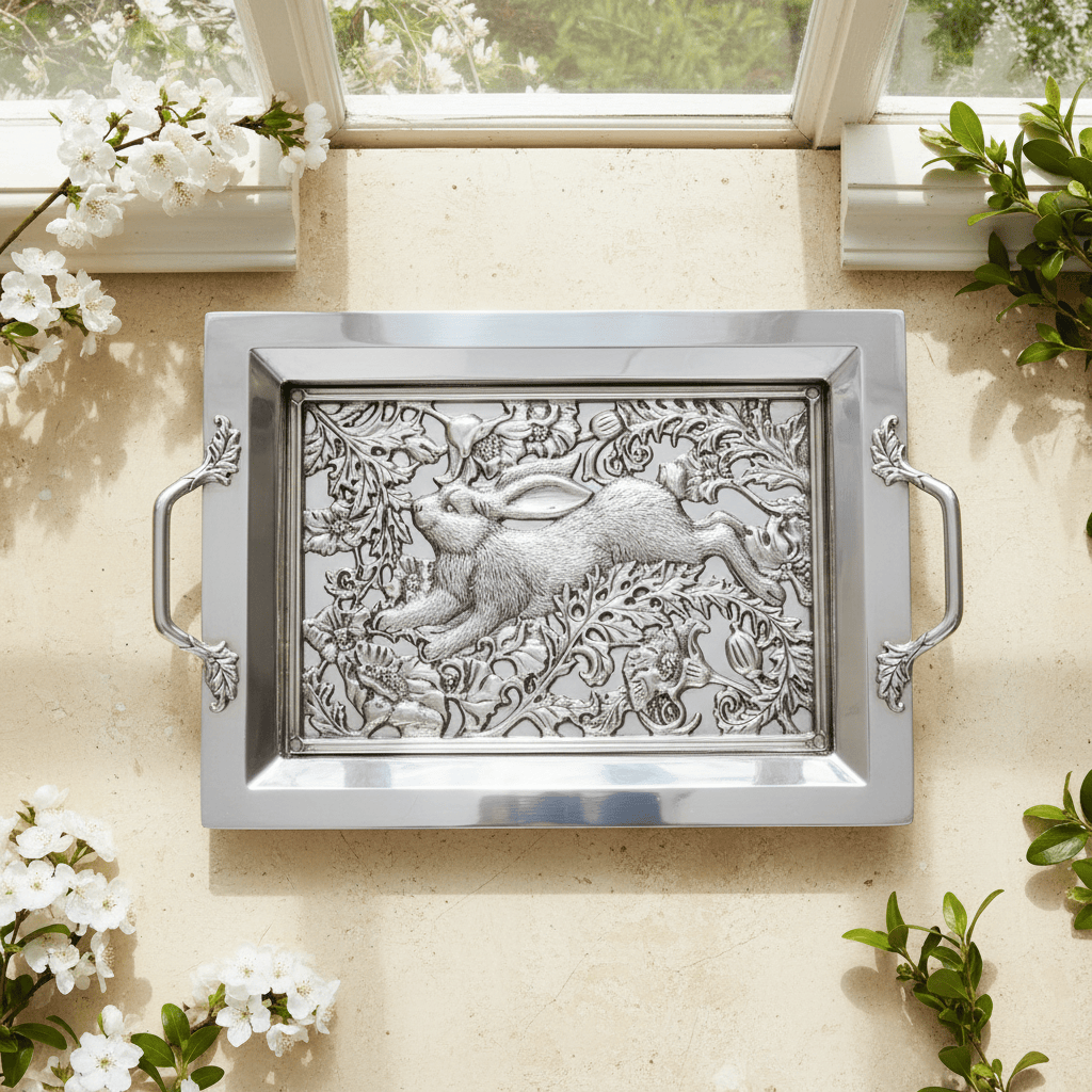 Arthur Court Bunny Running Rabbit Glass Top Serving Tray