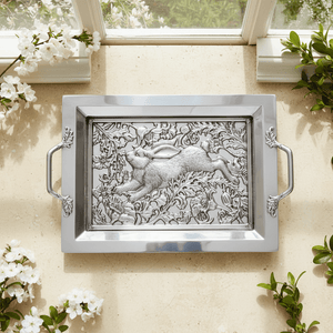 Arthur Court Bunny Running Rabbit Glass Top Serving Tray