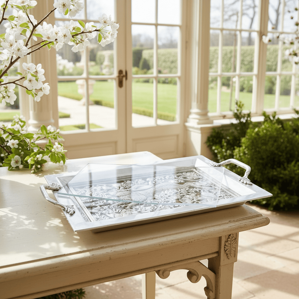 Arthur Court Bunny Running Rabbit Glass Top Serving Tray