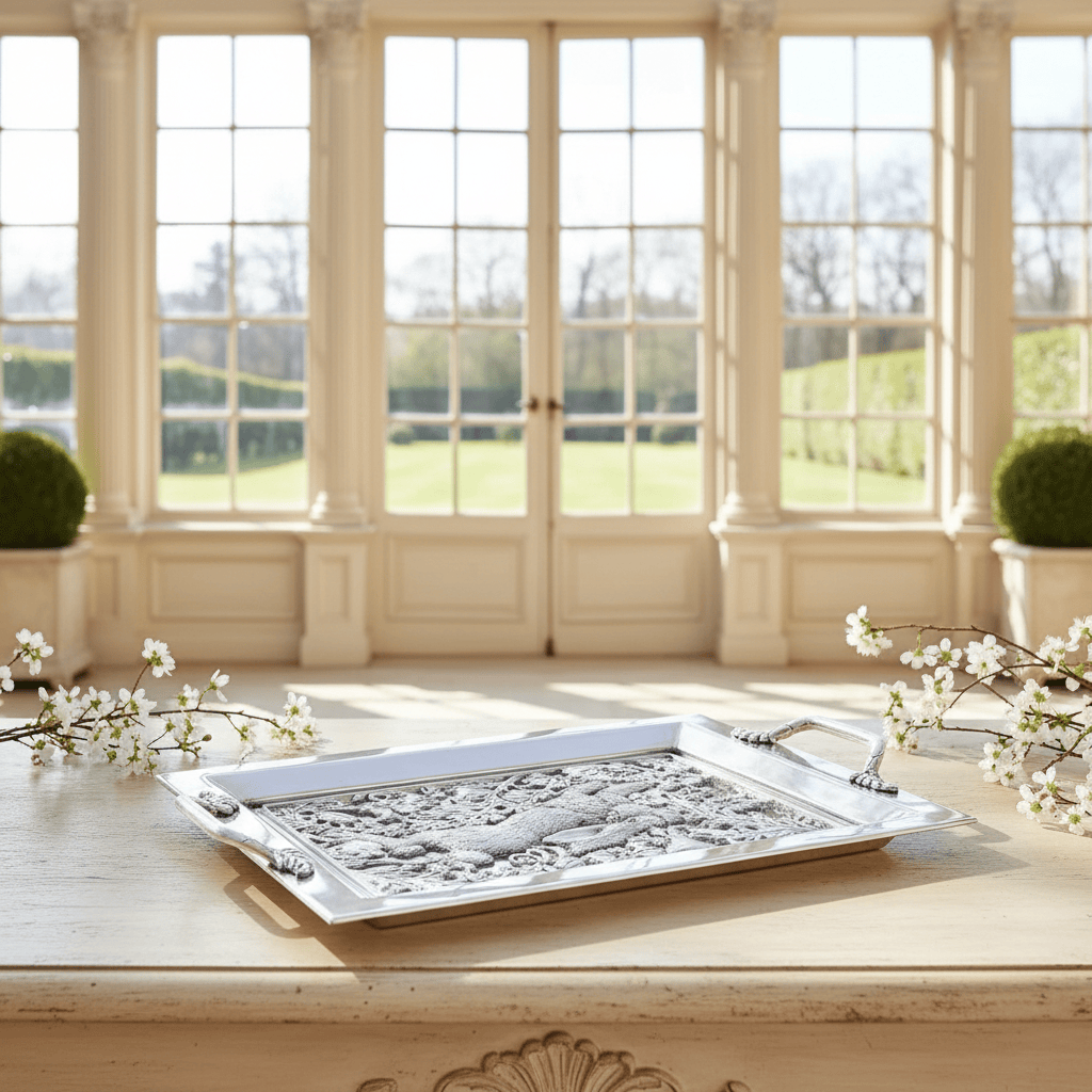 Arthur Court Bunny Running Rabbit Glass Top Serving Tray