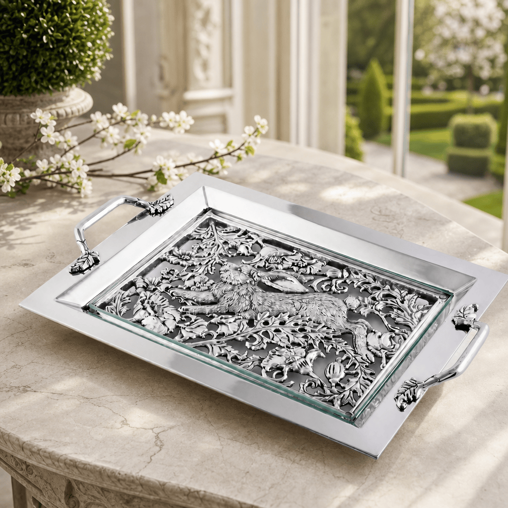 Arthur Court Bunny Running Rabbit Glass Top Serving Tray