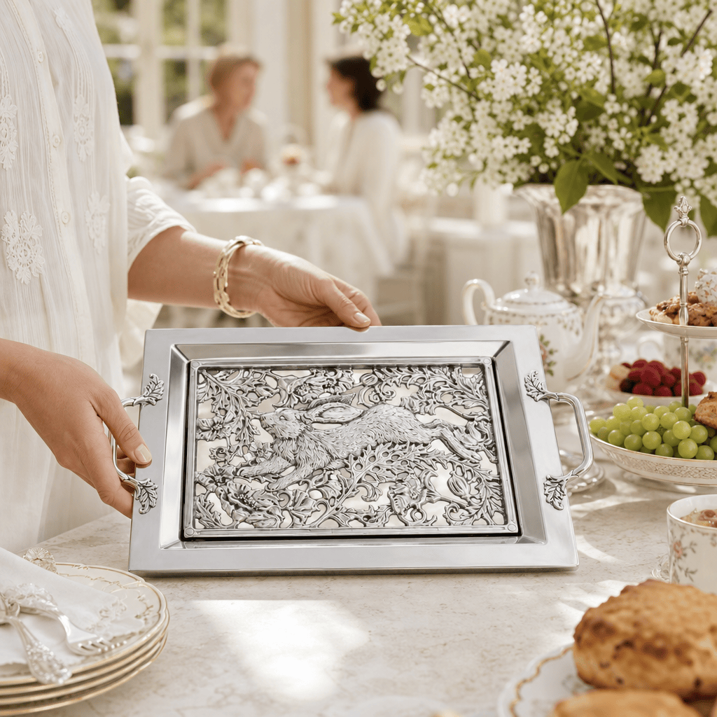 Arthur Court Bunny Running Rabbit Glass Top Serving Tray