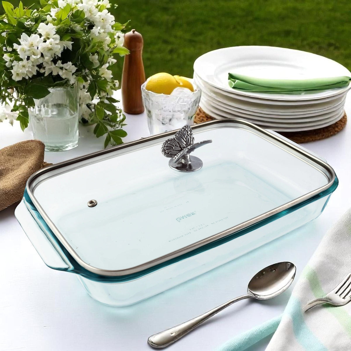 Arthur Court Butterfly Butterfly Lid with Pyrex 3 quart Baking Dish