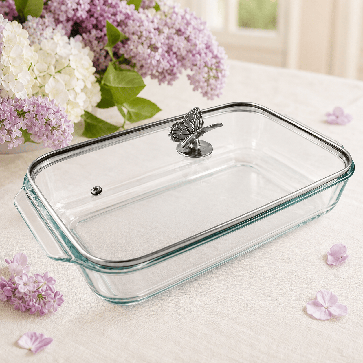 Arthur Court Butterfly Butterfly Lid with Pyrex 3 quart Baking Dish