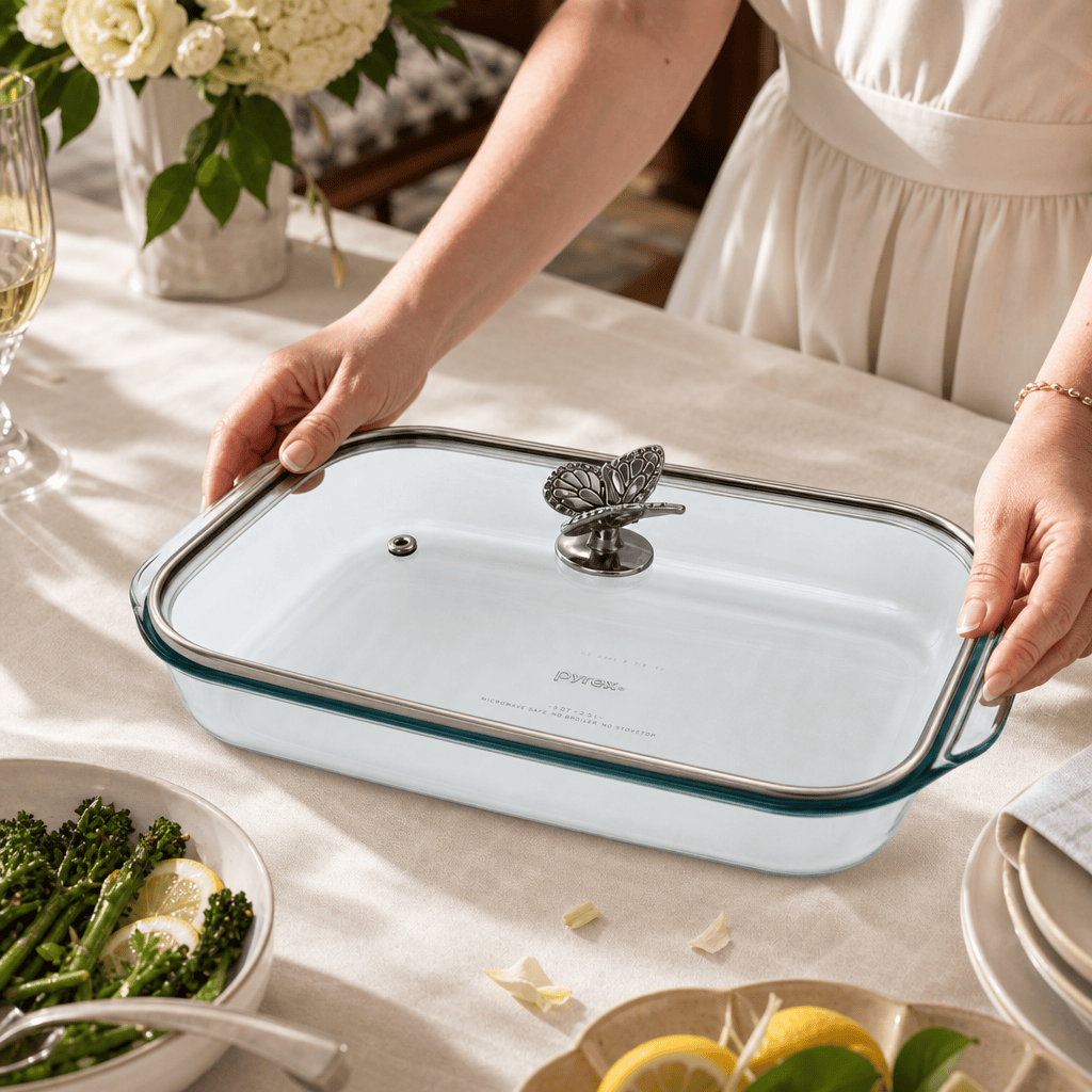 Arthur Court Butterfly Butterfly Lid with Pyrex 3 quart Baking Dish