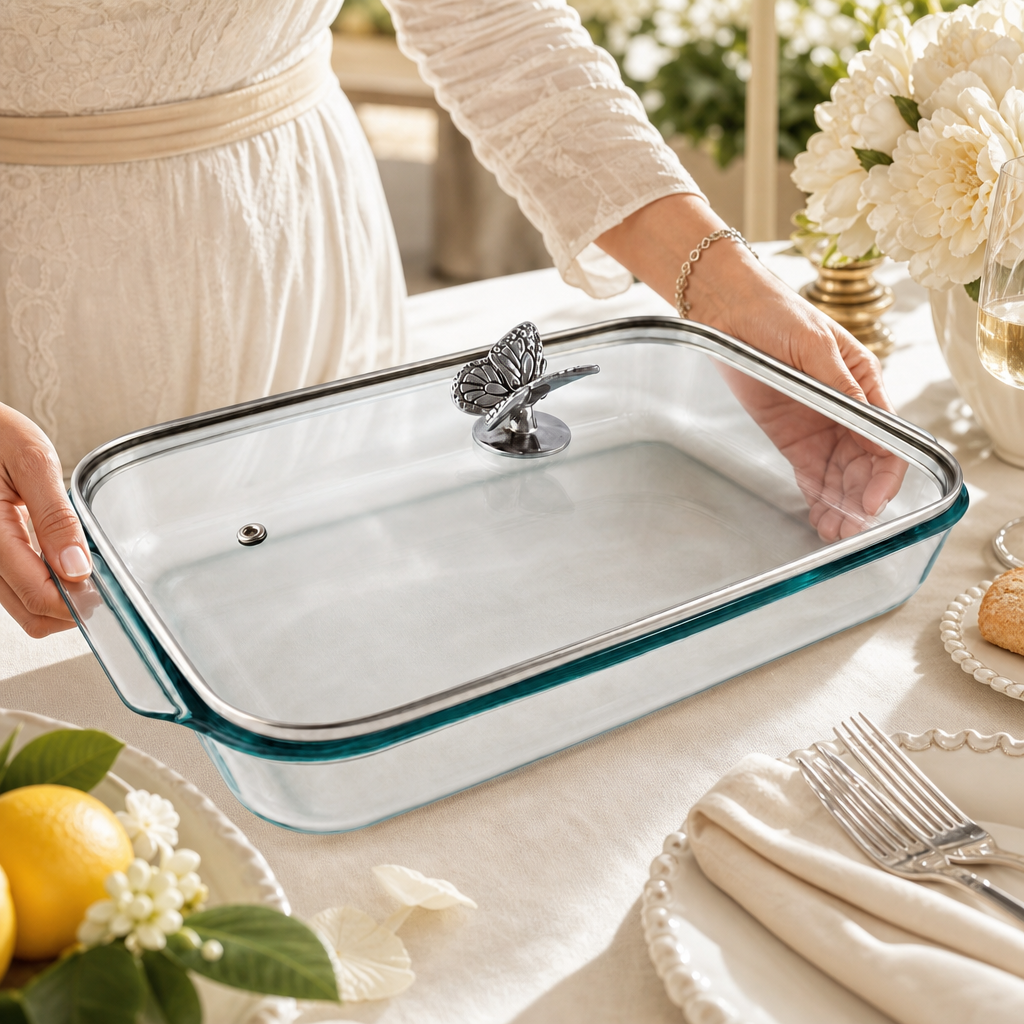 Arthur Court Butterfly Butterfly Lid with Pyrex 3 quart Baking Dish